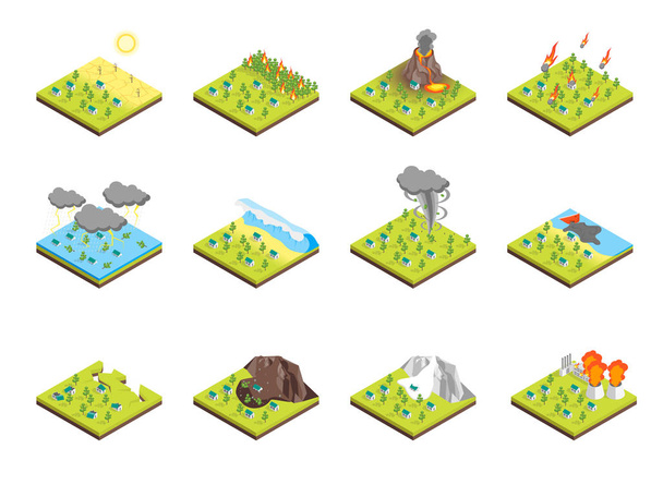 Nature Disaster Concept Set 3d Isometric View. Vector - Διάνυσμα, εικόνα