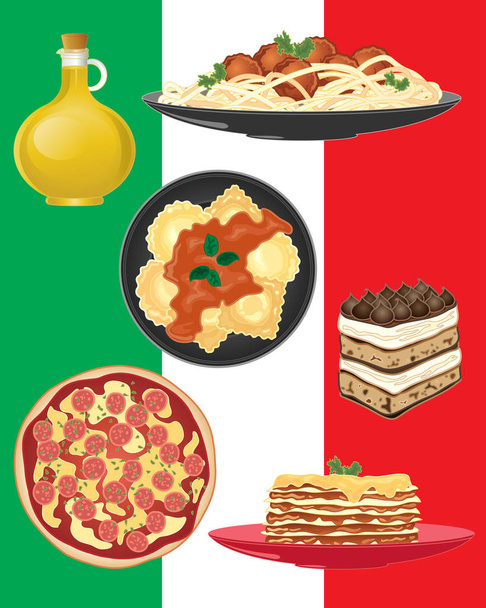 a vector illustration in eps 10 format of delicious food associated with Italy including spaghetti ravioli pizza olive oil lasagne and tiramisu cake on an Italian flag background - Vector, Image