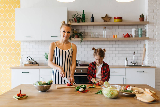 Photo of beautiful woman with her daughter cutting vegetables in kitchen - Photo, image