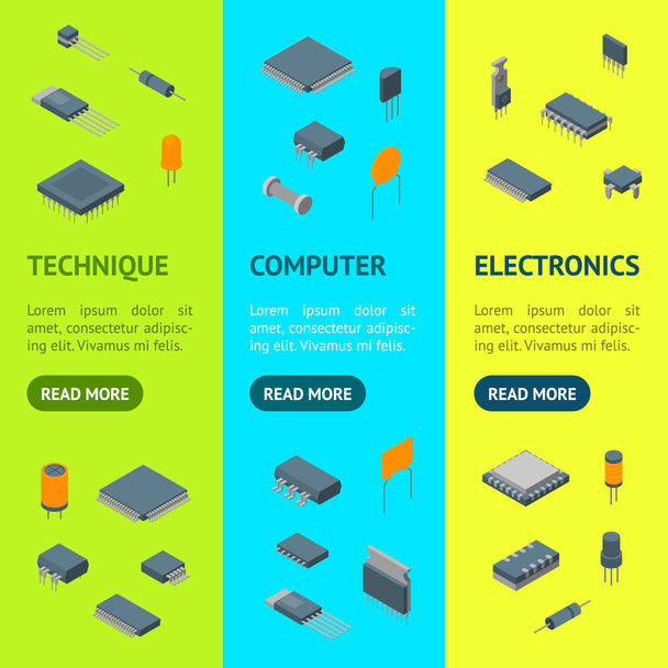 Microchip Computer Electronic Components Banner Vecrtical Set Isometric View. Vector - Vektor, kép