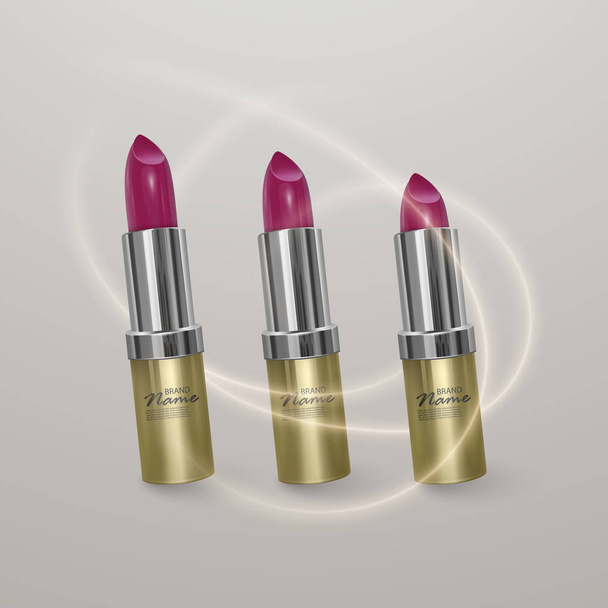 Realistische lippenstift van heldere kersen kleur. 3D illustratie van gouden kleur, trendy cosmetische ontwerp voor reclame. Vector - Vector, afbeelding