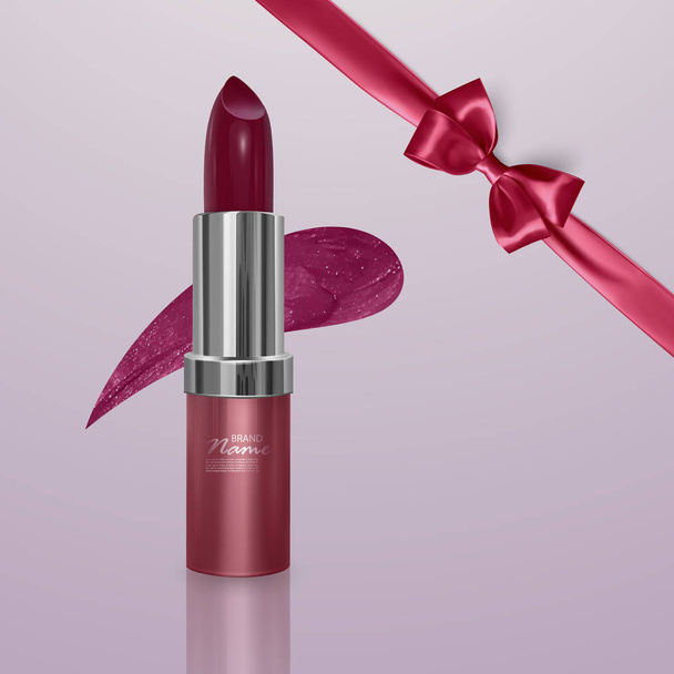 現実的な弓で桜色の現実的な口紅。3 d イラスト、広告のトレンディな化粧品の設計 - ベクター画像