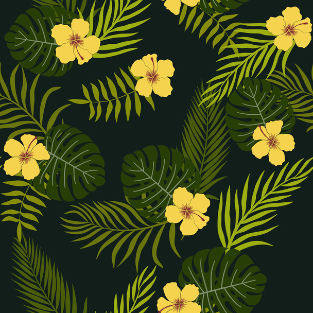 Trooppinen tausta palmulehtiä ja kukkia. Saumaton kukkakuvio. Kesävektorin kuvitus
 - Vektori, kuva