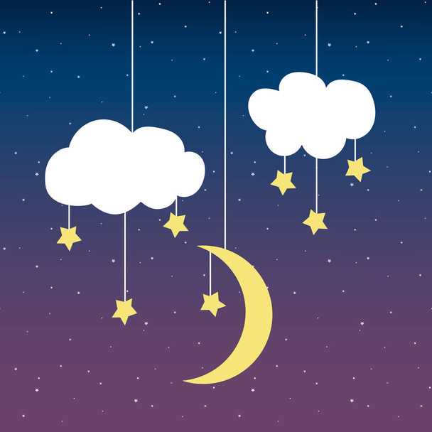 nubes estrellas de la luna en un hilo en el cielo nocturno tarjeta vector
. - Vector, Imagen