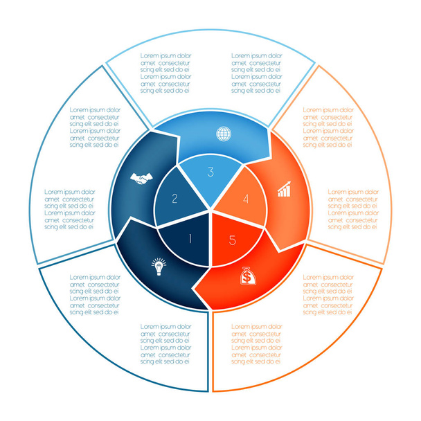 Nuolirengas Infographic. Kaavio malli esitys 5 vaihtoehtoja, ympyrä banneri mitä voidaan käyttää liiketoiminnan infograpchic, kaavio, kaavio, taulukko, työnkulun layout. Aseta liiketoiminnan kuvakkeet
. - Vektori, kuva