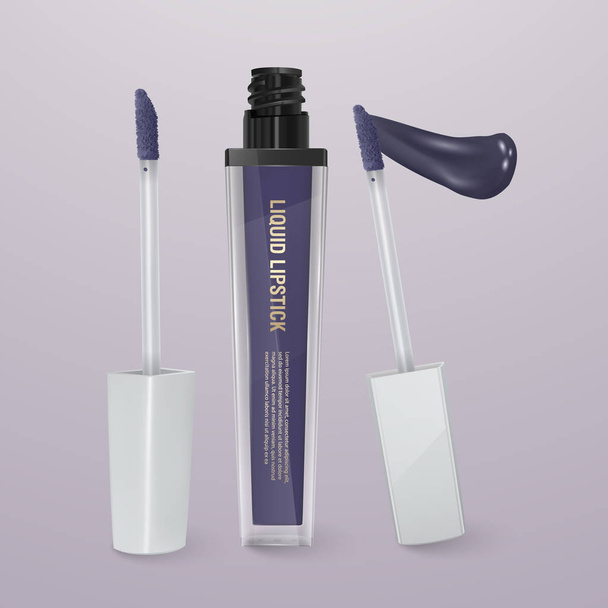 realistischer, dunkelblauer flüssiger Lippenstift mit Lippenstiftstrich. 3D-Illustration, trendiges Kosmetikdesign für die Werbung - Vektor, Bild