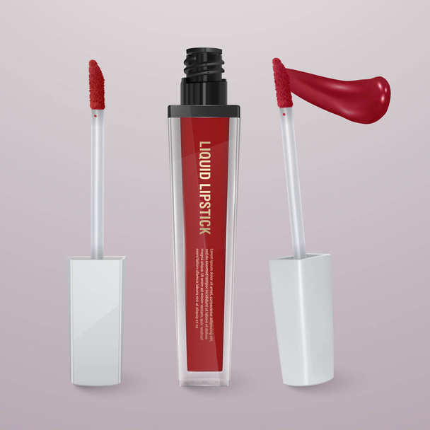 realistischer, roter flüssiger Lippenstift mit Lippenstift. 3D-Illustration, trendiges Kosmetikdesign für die Werbung - Vektor, Bild