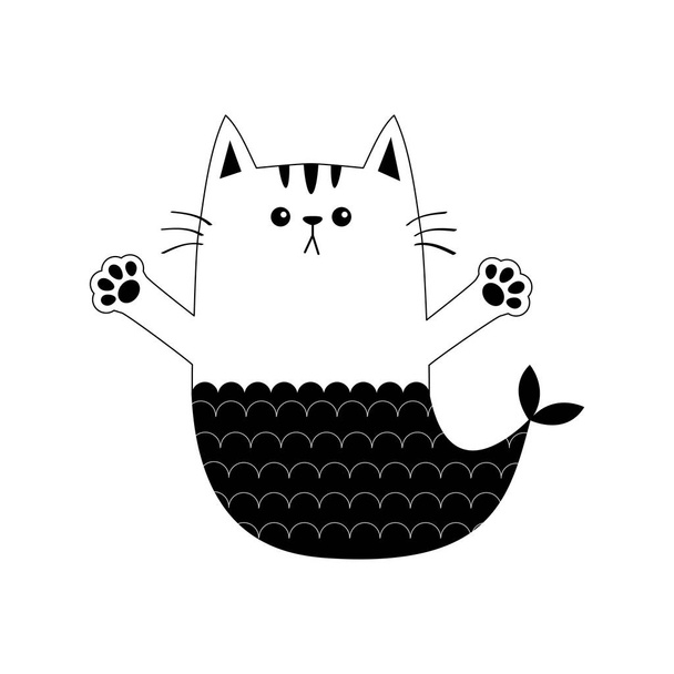 Denizkızı balık kuyruğu yavru kedi bir sarılma için hazır kedi. Kontur çizgisi. Açık el pençe baskı. Bir kucaklama için ulaşan kitty. Komik Kawaii bebek hayvan pet. Sevimli çizgi film karakteri. Düz tasarım beyaz arka plan vektör - Vektör, Görsel
