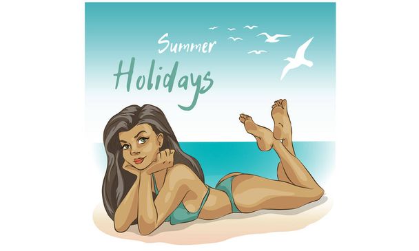 girl in swimsuit bikini, hello summer, holidays on the beach, sexy girl in bikini. - Вектор,изображение