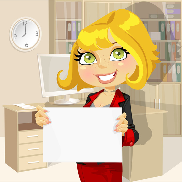 Business lady in office showing blank banner - Vektori, kuva