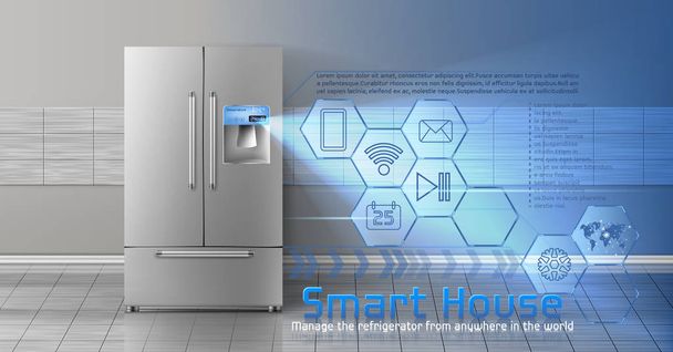 Vector concept of smart house , iot, wireless digital technologies to manage and control household appliances from anywhere. Background with refrigerator and blue virtual interface with icons - Vector, Image