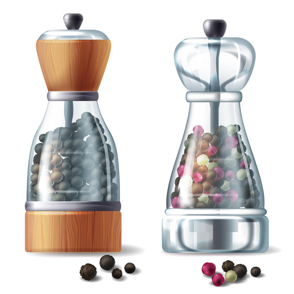 Vector realistic set of two pepper mills, glass containers filled with various peppercorns, isolated on white background. Kitchen equipment for grind and prepare spicy seasoning for eating and cooking - Vector, Image