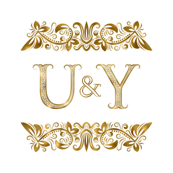 U e Y iniciais vintage símbolo do logotipo. As letras são cercadas por elementos ornamentais. Monograma de casamento ou parceiros de negócios em estilo real
. - Vetor, Imagem