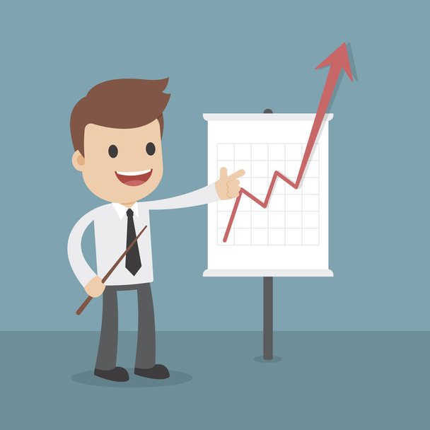 A cartoon businessman wth a business growth chart with line crashing through the floor - Vector, Image