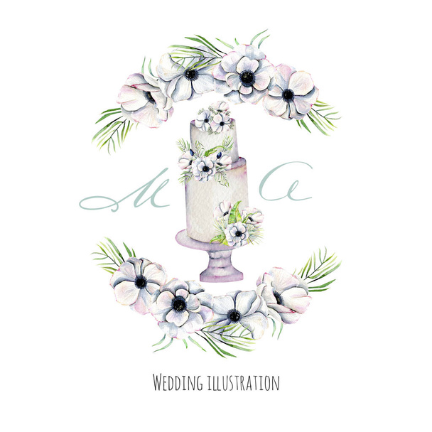 Ακουαρέλα διακοπών γαμήλια τούρτα με ανεμώνες στεφάνι εικονογράφηση, σχεδιασμός κάρτα γάμου, προσκλητήριο, χέρι βαμμένο σε λευκό φόντο - Φωτογραφία, εικόνα