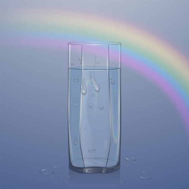 Realistic glass filled with water on light background, clear glass with water droplets, vector illustration - Vector, Image