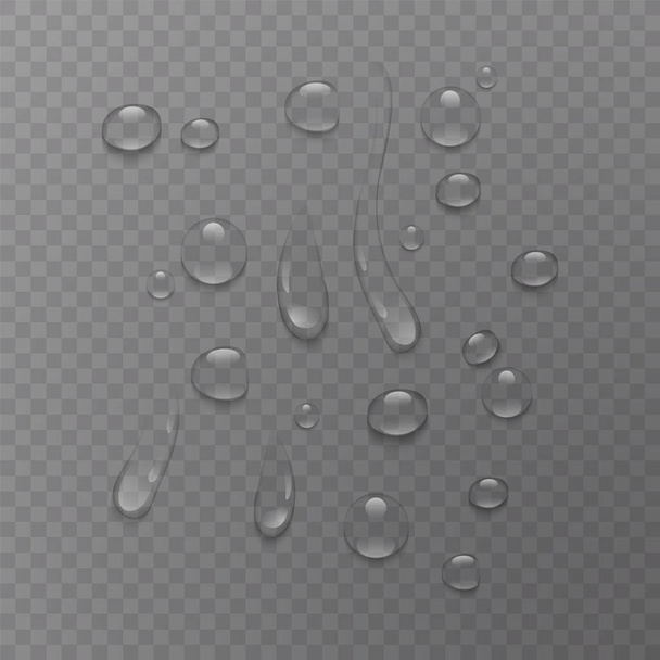Tiszta tiszta víz csepp reális készlet elszigetelt átlátszó háttér, vektor illusztráció - Vektor, kép