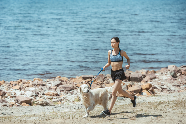  young asian sportswoman running with golden retriever on beach  - Foto, Imagem