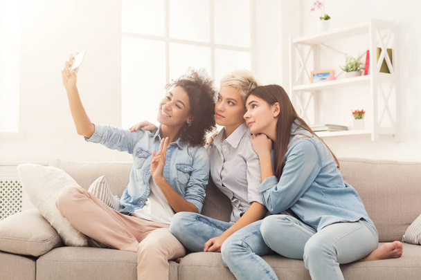Felice amici prendendo selfie a casa
 - Foto, immagini
