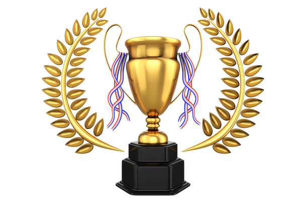 3d representación del trofeo de oro con una corona de laurel, aislado sobre fondo blanco con recorte caminos
. - Foto, Imagen