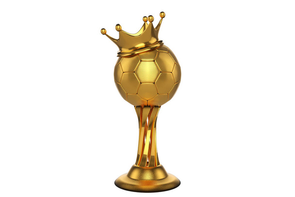 3D-weergave van de gouden football trophy met een king kroon bovenop, geïsoleerd op een witte achtergrond met uitknippaden. - Foto, afbeelding