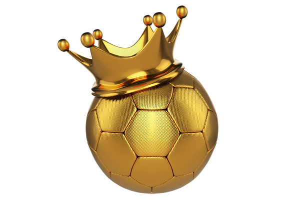 3d representación de la pelota de fútbol de oro con una corona de rey en la parte superior, aislado sobre fondo blanco con recorte caminos
. - Foto, imagen