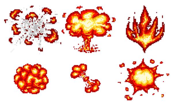Pixelkunst explodiert. Spielsymbole gesetzt. Comic-Boom Flammeneffekte für Emotionen. 8-bit-Vektor. Knall platzte explodieren blitzartige nukleare Blase Dynamit mit Rauch. Animationsbild. Prozessschritte, Video-Feuer. - Vektor, Bild