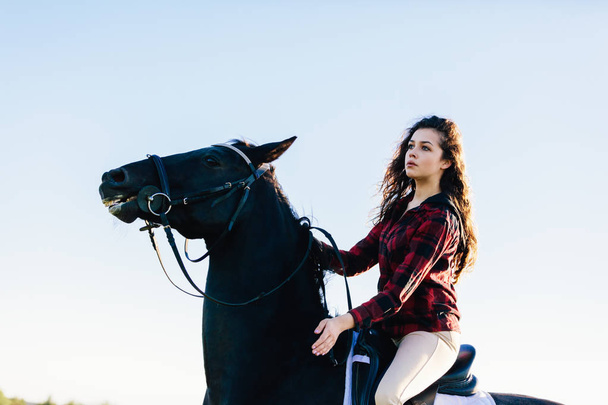 Menina sentada no cavalo preto no fundo do céu azul
. - Foto, Imagem