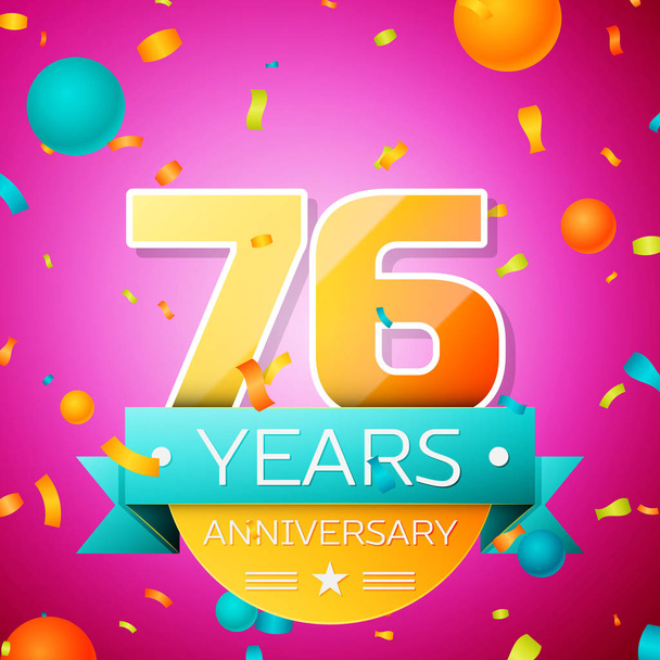 Realistic Seventy six Years Anniversary Celebration design banner. Gold numbers and cyan ribbon, balloons, confetti on pink background. Colorful Vector template elements for your birthday party - Vector, Image