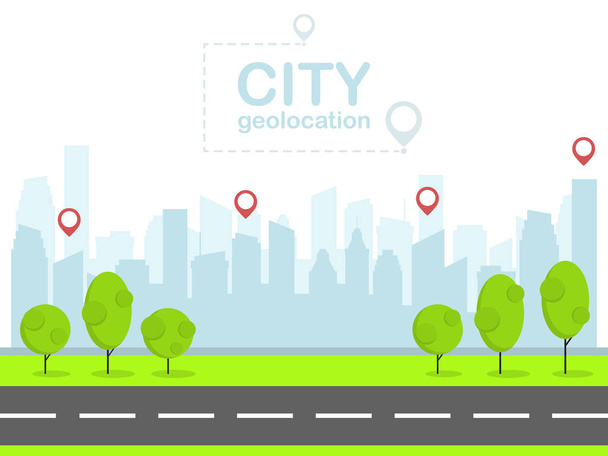 Smart city con navigazione pin. Paesaggio urbano. vettore di progettazione piatta
 - Vettoriali, immagini