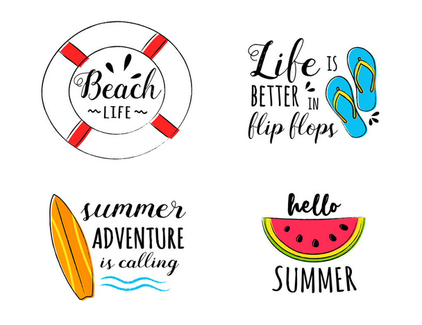 Collection of hand drawn summer icons with funny text. Vector. - Vector, Imagen