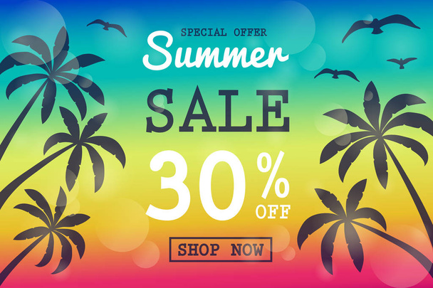 Multicolored banner with tropical palms for Summer Sale. Vector. - Vektor, Bild
