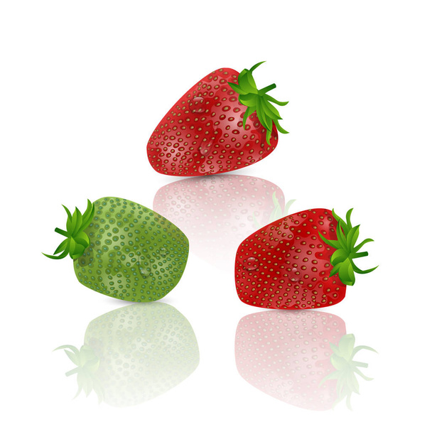 Reális édes és friss eper, elszigetelt fehér background halmaza. Friss gyümölcs szerves, illusztrációja piros édes eper - Vektor, kép