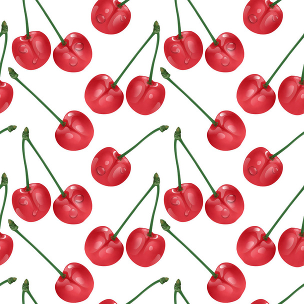 Cseresznye varrat nélküli mintát. Jó a textil-, csomagoló, háttérképek, stb. Édes vörös érett cseresznye elszigetelt fehér background. Vektoros illusztráció. - Vektor, kép