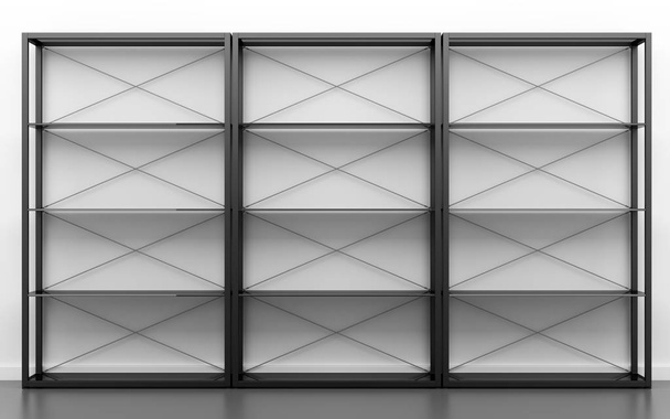 schwarze Büroregale vor weißen Wänden. 3D-Illustration - Foto, Bild