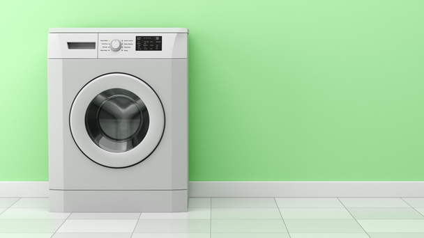 nowoczesne pralki przed zielone ściany. ilustracja 3D - Zdjęcie, obraz