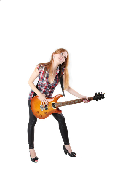 Cute girl with electric guitar isolated - Valokuva, kuva