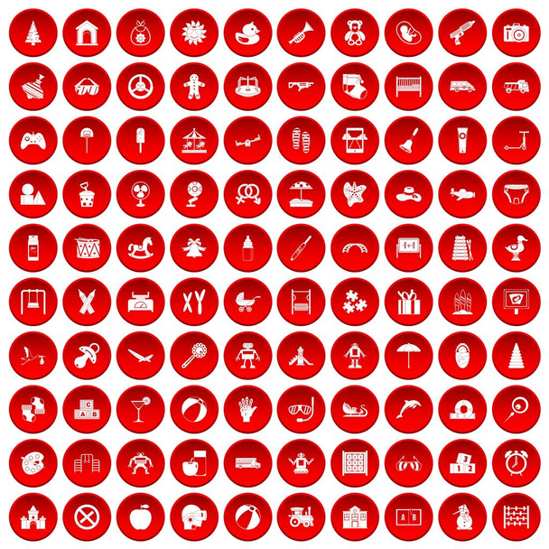 100 childhood icons set red - Vecteur, image