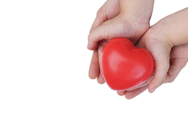 Ενήλικος και παιδί παιδί χέρι που κρατά το κόκκινο καρδιά, έννοια της αγάπης και της φροντίδας υγείας, οικογενειακή ασφάλεια. Παγκόσμια ημέρα καρδιάς, παγκόσμια ημέρα υγείας. Ημέρα του Αγίου Βαλεντίνου day.isolated σχήμα της καρδιάς σε λευκό φόντο. - Φωτογραφία, εικόνα