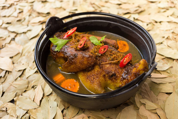Soupe de curry de canard en pot sur fond de feuille
 - Photo, image