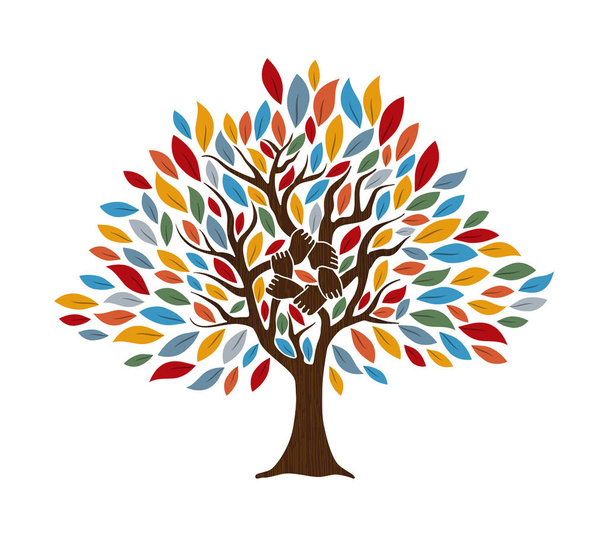 Tree with human hands together. Community team concept illustration for culture diversity, nature care or teamwork project. EPS10 vector. - Vector, Imagen