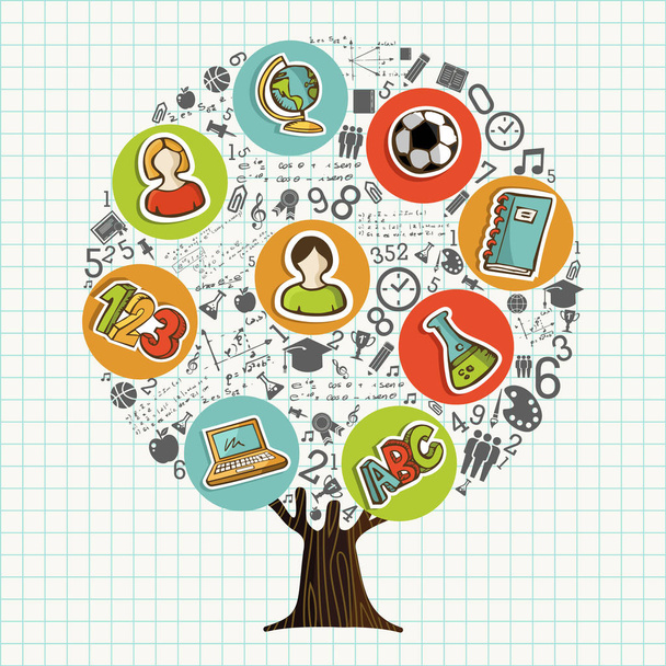 Tree made of highschool subject icons and symbols, global education concept. Educational illustration for back to school or online course. EPS10 vector. - Vektör, Görsel