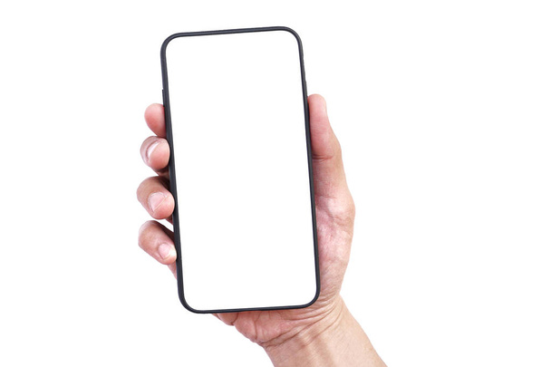 Beyaz arka plan üzerinde izole hareket eden smartphone boş dokunmatik ekran tutan adamlar el. Boş ücretsiz word, metin için kopya yer. Reklam tasarım veya sahte metni için kullanın. İş, teknoloji kavramı. - Fotoğraf, Görsel