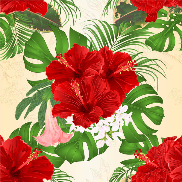 Sorunsuz doku buket tropikal ile güzel ebegümeci, palm, bitkiyi ve ficus ve Brugmansia vintage vektör çizim düzenlenebilir el çizmek ile çiçek aranjman çiçek  - Vektör, Görsel