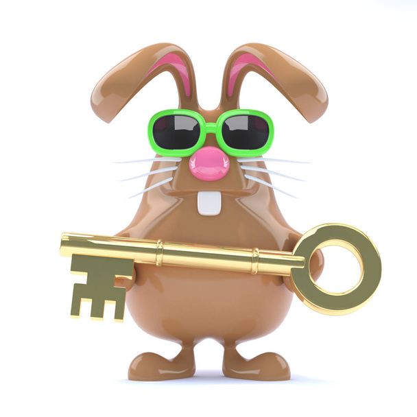 bir altın anahtar tutan bir tavşan 3D render - Fotoğraf, Görsel