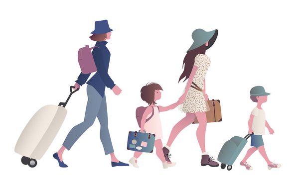 Дві молоді матері, які подорожують у сім'ї з валізами, рюкзаками та візками, ізольовані на білому тлі
 - Вектор, зображення