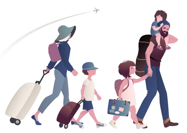Reisende Familie mit Koffern und Rucksäcken isoliert und Flugzeug im Hintergrund - Vektor, Bild