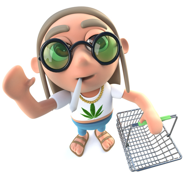 3D render een grappige cartoon hippie stoner karakter houden een winkelmandje - Foto, afbeelding