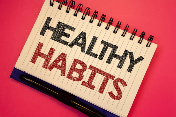 Word writing text Healthy Habits. Business concept for Good nutrition diet take care of oneself Weight Control Text two Words notes written white notepad black pen pink desk school work - Photo, Image
