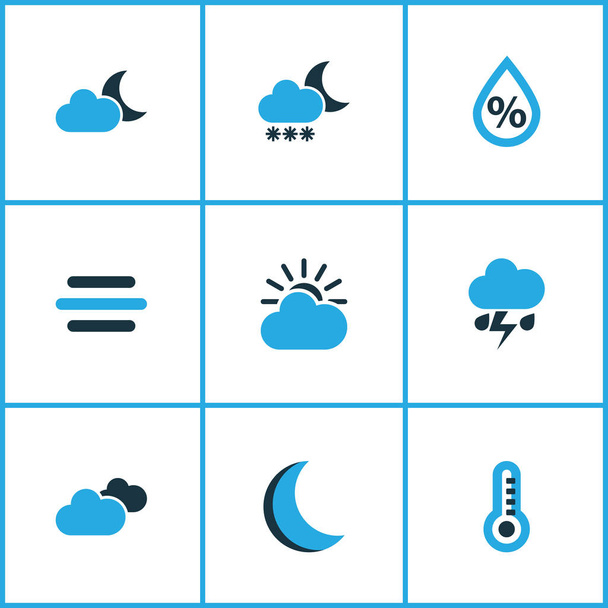 Климатические иконки окрашены в набор снегопадов, луны, облачного неба и других элементов влажности. Изолированные векторные иконки климата
. - Вектор,изображение